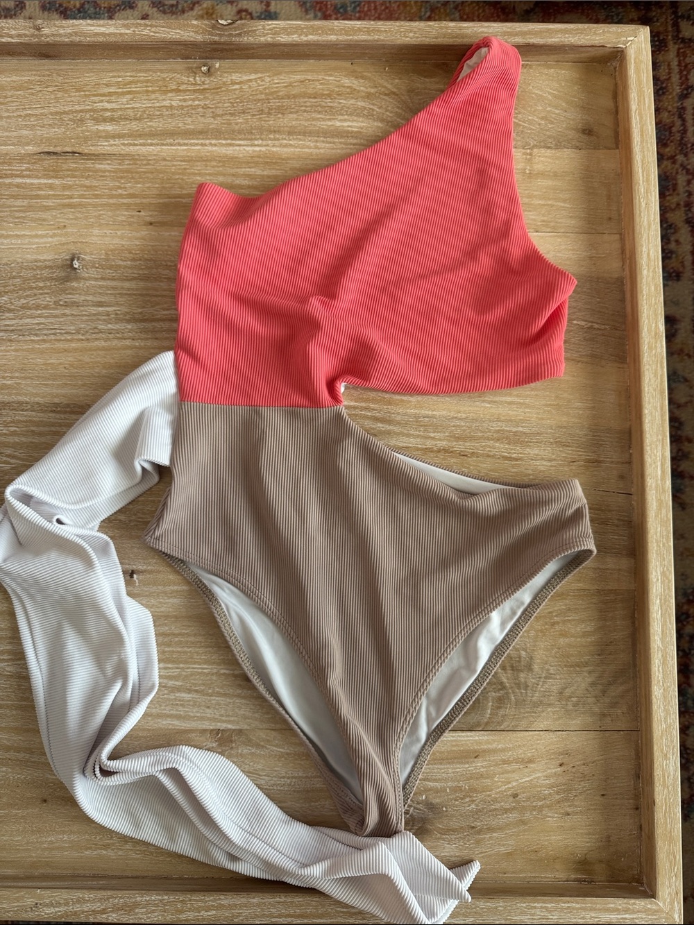 Beach Riot Coral, Taupe & Cream One-Shoulder Ribbed One-Piece